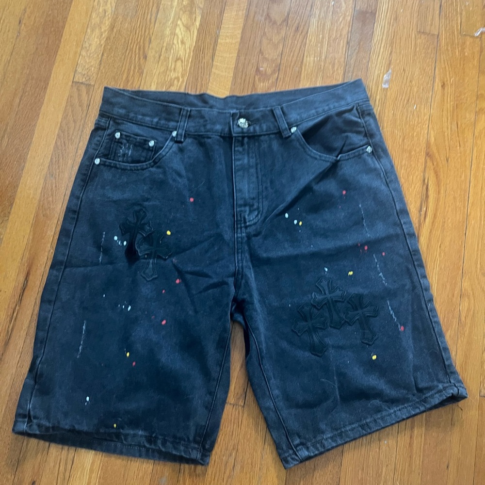 Chrome Hearts Black Jean Shorts Distressed Denim